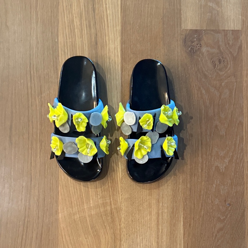 Floral Slide Sandals with grey and yellow charms.